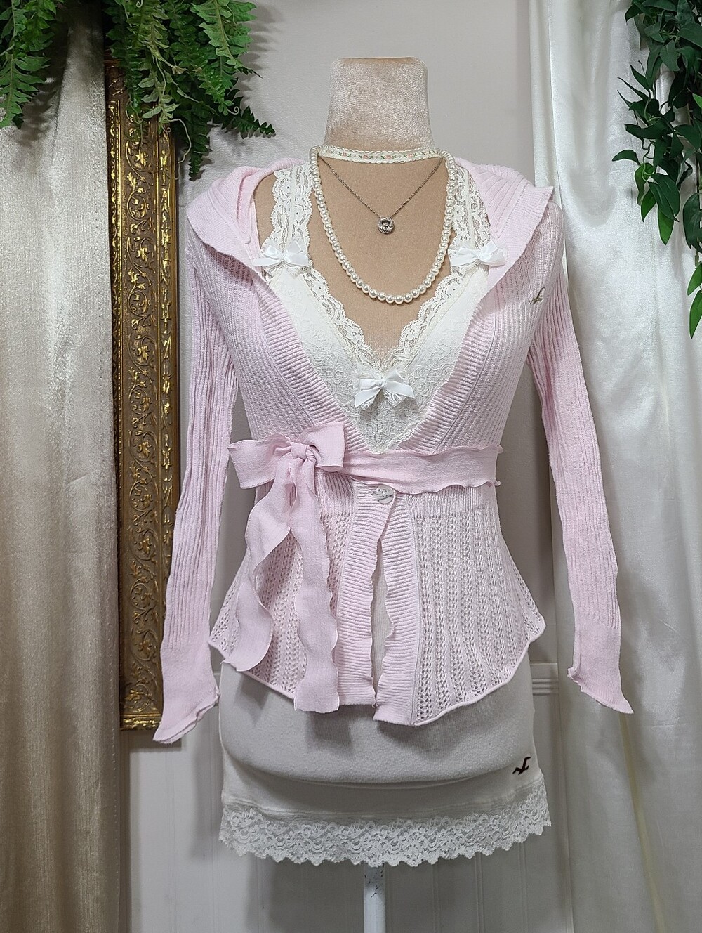 Hollister Baby Pink Vintage ♡ Y2K ♡ Hooded Babydoll Cardigan Sweater 100% Cotton